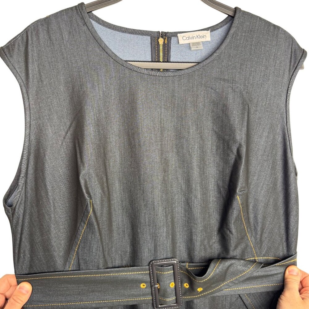 Calvin Klein Soft Jean A-Line Dress Exposed Back Zipper Attached Belt Size 16 - Picture 4 of 10